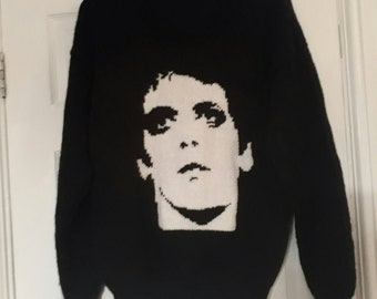 Lou Reed Jumper.Hand Knitted Uk. Intarsia on front inspired by his 1972 Transformer album cover. Black. Size Med-Large, 44" Chest. 28" Long.