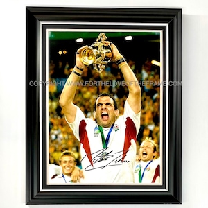 Martin Johnson Signed Autograph Sport Memorabilia England Rugby Trophy Photo In Luxury Handmade Wooden Frame With Photo Proof & AFTAL COA