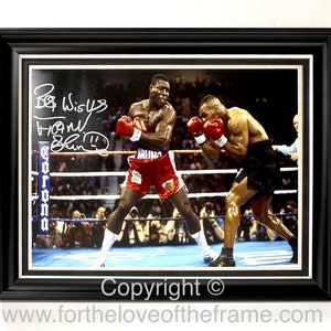 Frank Bruno Signed Autograph Boxing Memorabilia Mike Tyson Fight Photo In Luxury Handmade Wooden Frame With Photo Proof & AFTAL COA