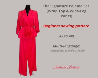 Signature Pajama Set Sewing Pattern, Wrap Top Wide Leg Pants (XS-4XL) (PDF)