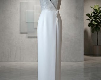 Modern Sequin Wedding Dress with Wrap Skirt and High Slit, Minimalist Sparkly Gown, Elegant Reception Outfit, Custom Size Bridal Wear