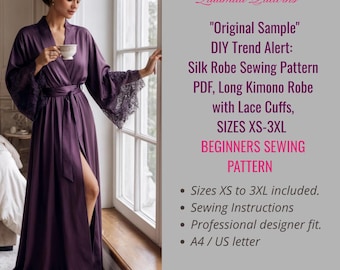 Silk Kimono Robe Sewing Pattern PDF, Lace Cuffs Loungewear (Sizes XS-4XL)