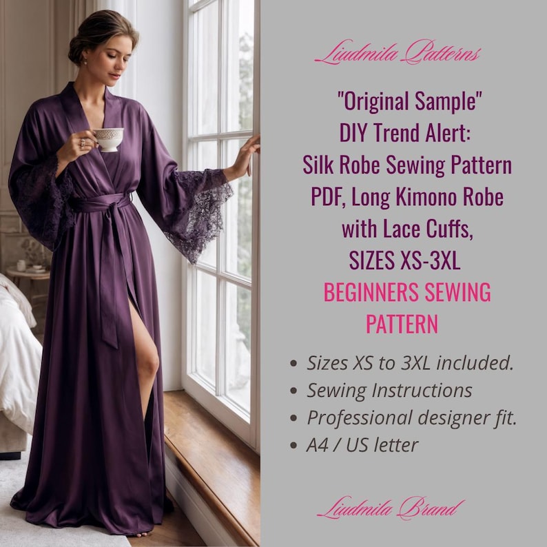 Silk Kimono Robe Sewing Pattern PDF, Lace Cuffs Loungewear (sizes XS ...