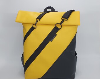 Vegan Leather Backpack for Women, Unique YELLOW Roll Top, Waterproof bag