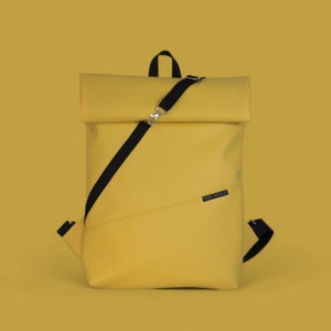 Vegan Leather Backpack for Women, Unique YELLOW Roll Top, Waterproof bag