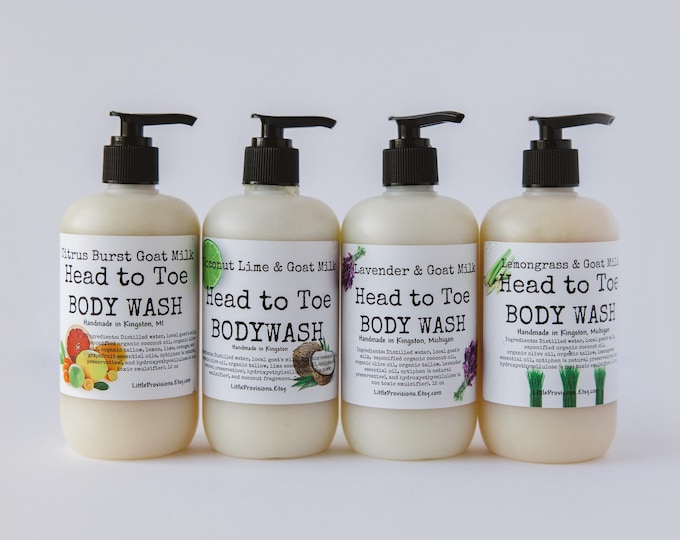 Goat Milk Body Wash Pure Ingredients 12oz pump Organic Oils Lavender Peppermint Orange Lemongrass
