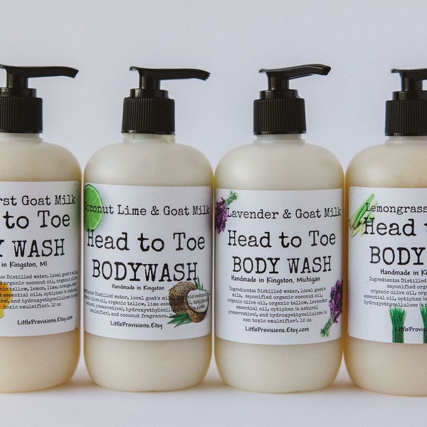 Head to Toe Body Wash with Goat Milk 12oz pump Moisturizing Sensitive Skin Eczema Baby Organic Oils Lavender Peppermint Orange Lemongrass