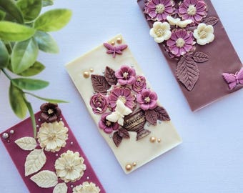 Chocolate Flowers Engagement Wedding Baby Shower Favors: Set of 3 Handmade Chocolate Bars