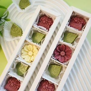 May include: Two white boxes containing assorted chocolates. The chocolates are leaf, flower, and purse shapes, in green, yellow, and red. The chocolates are arranged in individual paper cups.