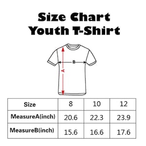 Op de afbeelding: Maattabel voor jeugd t-shirts met afmetingen in inches. De tabel toont de lengte (Measure A) en breedte (Measure B) van de shirts in de maten 8, 10 en 12.