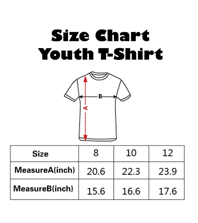 Op de afbeelding: Maattabel voor jeugd t-shirts met afmetingen in inches. De tabel toont de lengte (Measure A) en breedte (Measure B) van de shirts in de maten 8, 10 en 12.