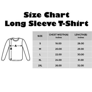 Op de afbeelding: Maattabel voor een longsleeve t-shirt. De tabel toont de borstbreedte en lengte in inches voor de maten S, M, L, XL en 2XL.