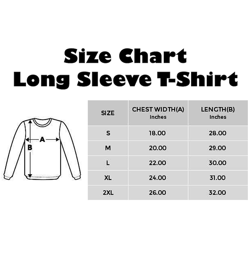 Op de afbeelding: Maattabel voor een longsleeve t-shirt. De tabel toont de borstbreedte en lengte in inches voor de maten S, M, L, XL en 2XL.