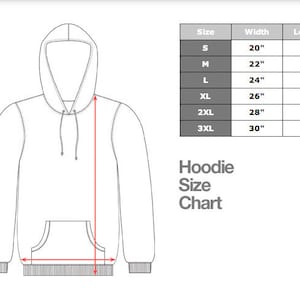 Op de afbeelding: Een maattabel voor hoodies met afmetingen in inches. De tabel toont de breedte en lengte van hoodies in de maten S, M, L, XL, 2XL en 3XL. Hoodie Maattabel.