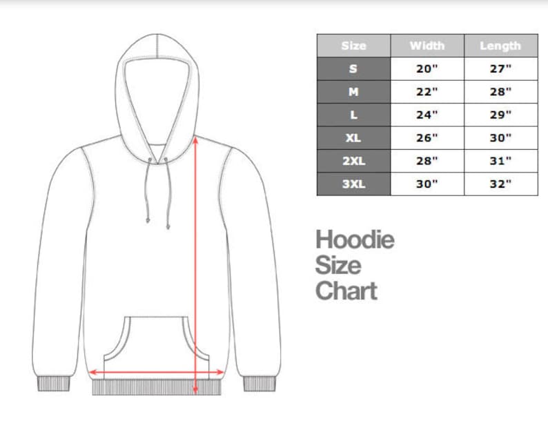 Op de afbeelding: Een maattabel voor hoodies met afmetingen in inches. De tabel toont de breedte en lengte van hoodies in de maten S, M, L, XL, 2XL en 3XL. Hoodie Maattabel.