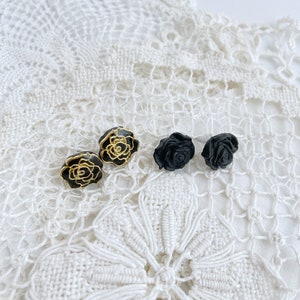 Black and gold rose stud pack, stud earrings, rose stud earrings, polymer clay earrings, image 1