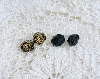 Black and gold rose stud pack, stud earrings, rose stud earrings, polymer clay earrings,