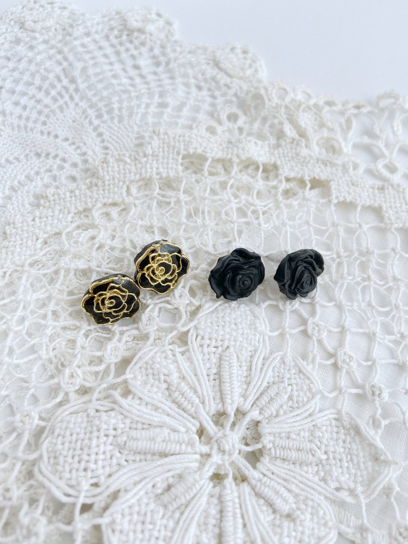 Black and gold rose stud pack, stud earrings, rose stud earrings, polymer clay earrings, image 1