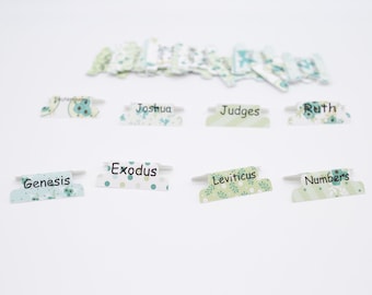 Bible book tabs in various greens, laminating stickers, personalized gift, christian gift, custom bible book tabs