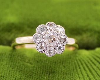 Antique Diamond Daisy Ring, Antique Old Cut Diamond Cluster Engagement Ring
