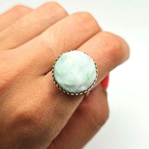 Solid Gold Carved Jade Ring,9ct Gold Carved Flowers Ring, Natural Jade Carving, Silver and Gold
