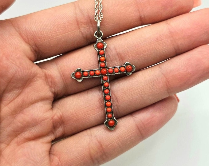 Featured listing image: Antique Coral Cross, Victorian Period Red Coral Solid Silver Pendant, Cross pendant