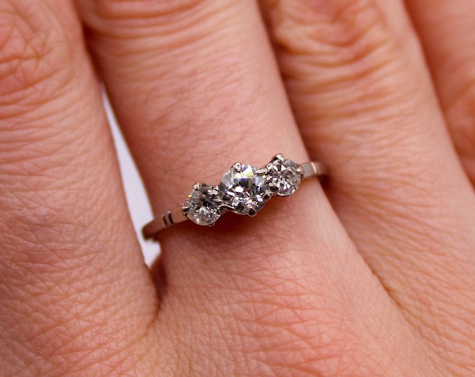 Featured listing image: Antique Diamond Engagement Ring, 1920s Old Cut Diamonds, Platinum Solid Gold Trilogy Ring