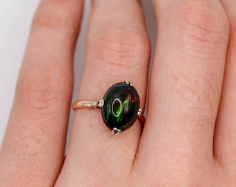 1950s Black Opal Solid Gold Ring: Antique German Statement Jewelry
