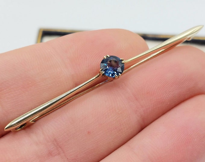 Featured listing image: Antique Ceylon Sapphire Brooch, 1900s 15Ct Solid Gold Bar Brooch, Peacock Blue Sapphire