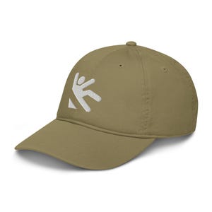 May include: Olive green baseball cap with a white embroidered logo on the front. The cap has a curved brim and a rounded crown. The logo is a stylized figure in motion. A casual accessory for outdoor activities.