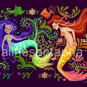 Mermaids colourful plants print