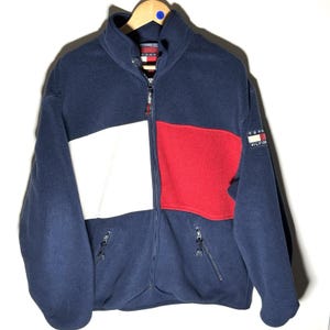 Vintage 1990s Tommy Hilfiger Blue Red Big Flag Fleece Jacket Double Sided Mens L