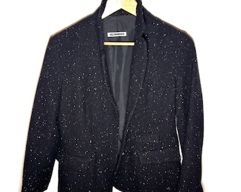 Blazer vintage Jil Sander in lana nera screziata, fine anni '90, stile minimalista.