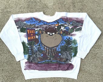 Bluza z okrągłym dekoltem Vintage Taz Looney Tuned Graphic AOP z lat 90., rozmiar L