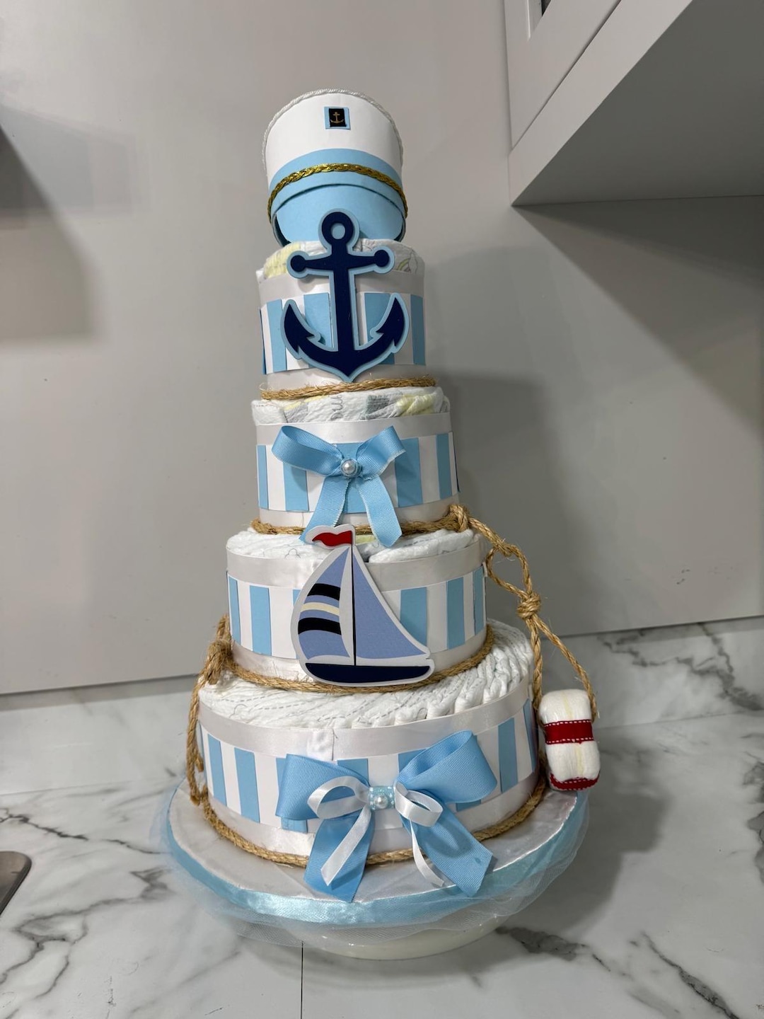 Nautic Diaper Cake/ Navy and Pearl White Diaper Cake/ Captain Baby Shower/  Boy Baby Shower/ Baby Shower Gift/ Ocean