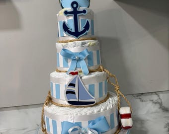 Nautical Diaper Cake: Navy, Pearl White, Ocean Theme Baby Shower
