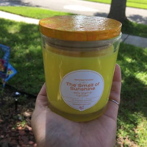 Citrus Scented Yellow Container Candle 10 Ounce With Hand Painted Lid Home Decor Orange Grapefruit Summer Cotton Blossom Coconut Musk Scent