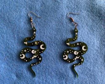 Green Snake Charm Gothic Star Moon Heart Earrings