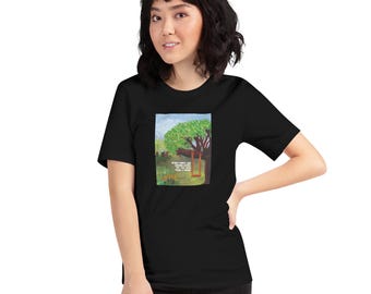 T-shirt Tree Swing: handgeschilderd plakkaatverfontwerp, jeugdherinneringen