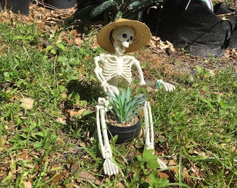 Whimsigoth Green Thumb Esqueleto de Halloween con cactus artificial y sombrero de paja