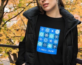 Camiseta unisex de manga larga "Huelo a nieve": Camiseta con copo de nieve azul y blanco