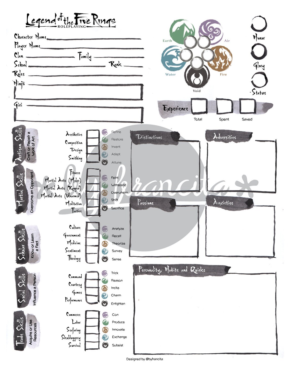 Legend of the Five Rings character sheet redesign Reference | Etsy