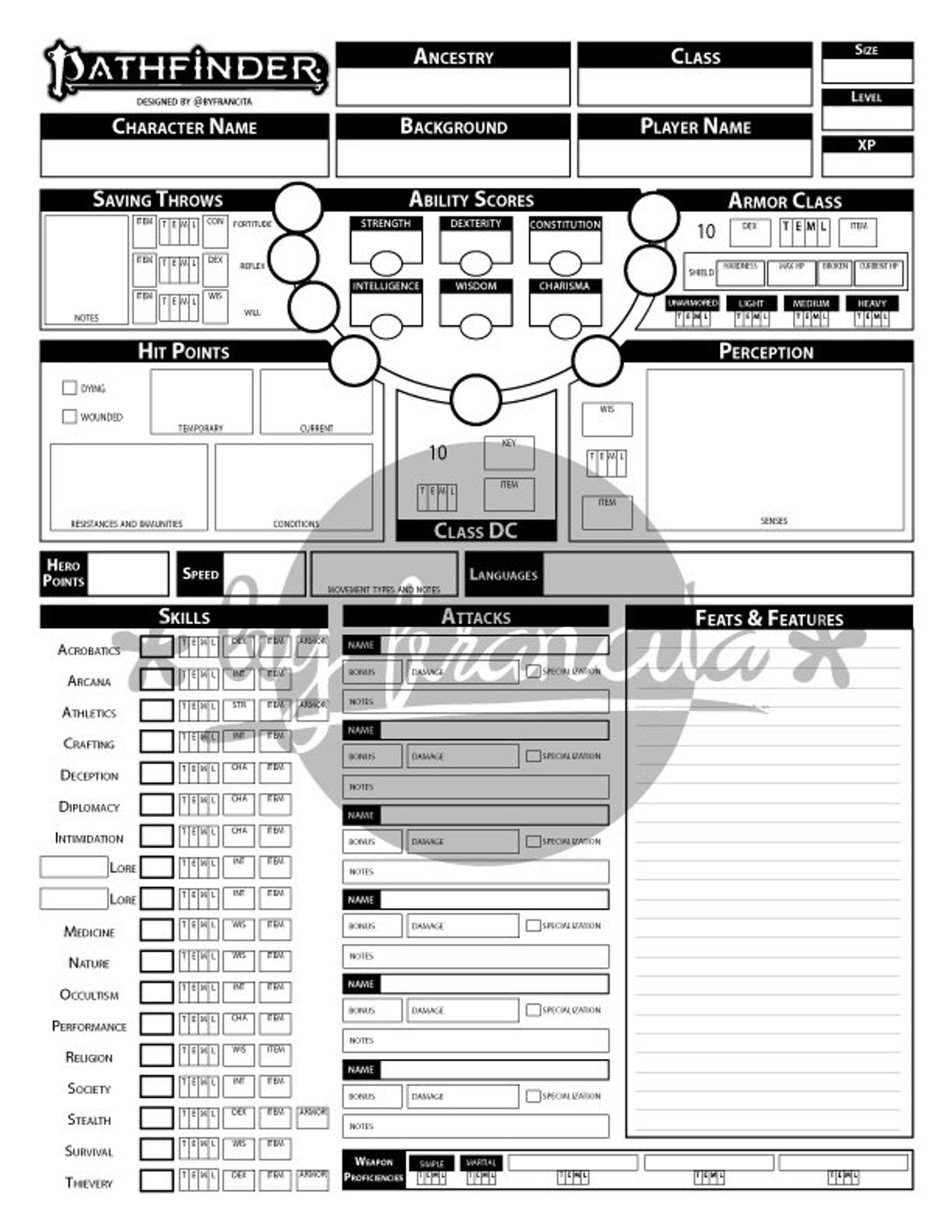 Pathfinder 2nd Edition Character Sheet 5 Pages FORM FILLABLE Etsy