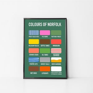 May include: A green poster with the title "Colours of Norfolk" and a grid of colourful squares representing different places in Norfolk, England. Each square has a name below it, such as "Pricey Beach Huts", "Pig Farms", "Thetford Forest", "Holkham Beach", "Septic Tanks", "Windburn", "Cromer Crabs", "Oil Tanks", "Happisburgh Lighthouse", "Fighter Jets", "Horsey Seals", "Beer Gardens", "Wet Dogs", "Lifeboats", and "Stuck in Traffic Looking at the Back of a Caravan."