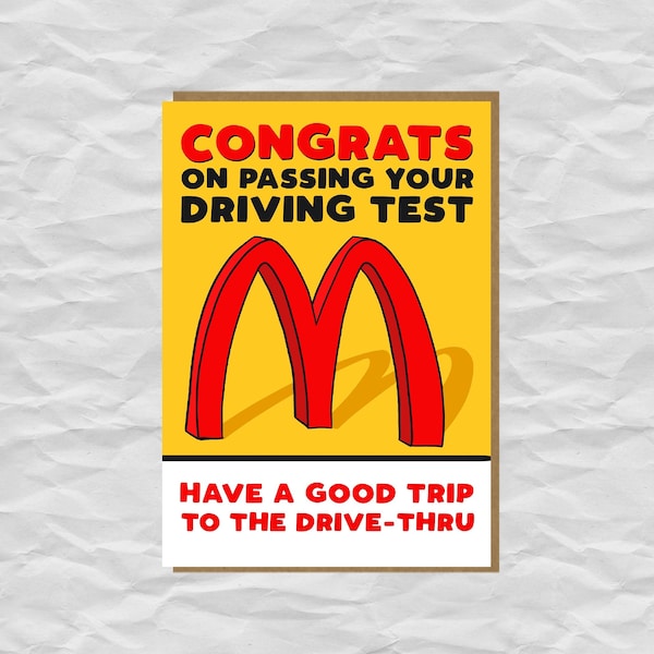 Driving Test Card | Congratulations on passing your driving test | Congrats | Driving | McDonalds Card | Funny Card | Driving test card UK
