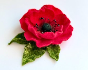 Red Poppy Brooch Flower Handmade Item Wool Felt Pin Handcrafted Jewelry