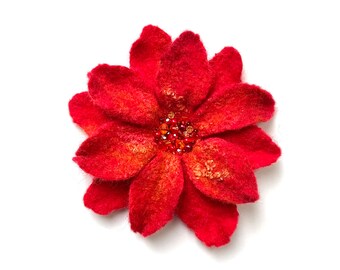 Red Merino Wool Felt Flower Brooch: Handmade Unique Floral Pin
