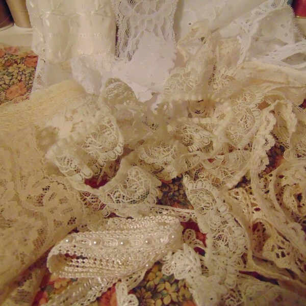 Grab Bag of Lace - 20 pieces - White and Cream Lace - Lace Scrap Bundle - Lace Remnants - Journal Art Lace - Scrap Lace - Ruffled Lace