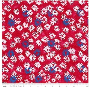 May include: Red fabric with a white and blue floral pattern. The fabric is covered in small white flowers with blue centres.