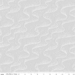May include: A gray fabric with a white pattern of small dots arranged in wavy lines. The fabric has a subtle sheen and a soft texture.